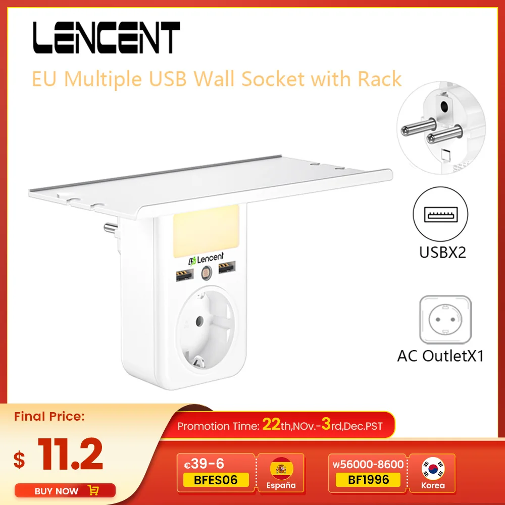 LENCENTEU Multiple USB Wall Socket with Rack 1 AC Outlets 2USB Ports Charger Adapter with Adjustable Nigh Light for Home/Office