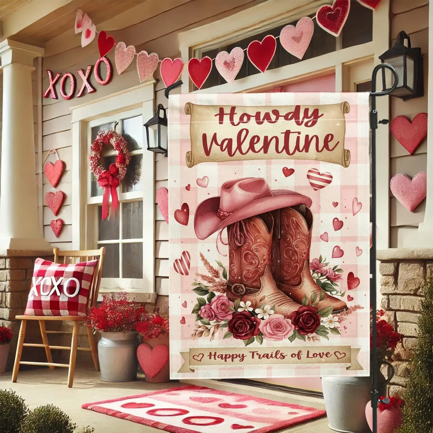 Cowboy Boots Garden Flag, Valentine Rustic Hat Hearts Valentine Peach Double Sided Burlap Yard Decorative Flags for Outdoor  IIC
