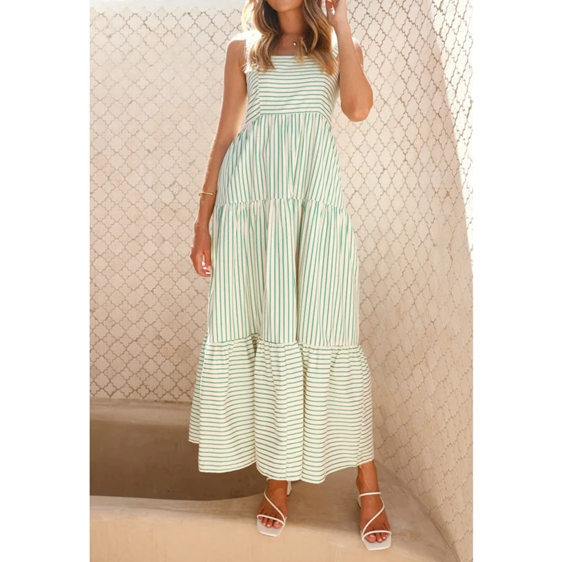 Combhasaki Donna Estate Senza Maniche Casual Stampa a Righe Smocked Orlo Increspato Flowy Party Beach Clubwear A-Line Canotta Abito Lungo