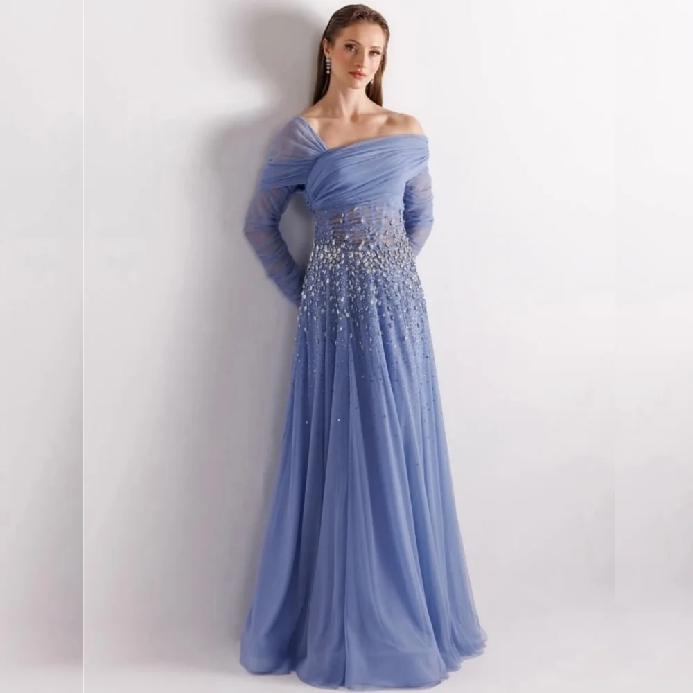 

Customized Modern Style Chiffon Sequined Pleat A-line Off-the-shoulder Long Dresses Bespoke Occasion Sparkle