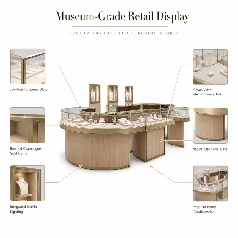 custom.Custom Size Wood Glass Jewelry Display Showcase with LED Light Eco-Friendly Durable Custom Made Jewelry Store