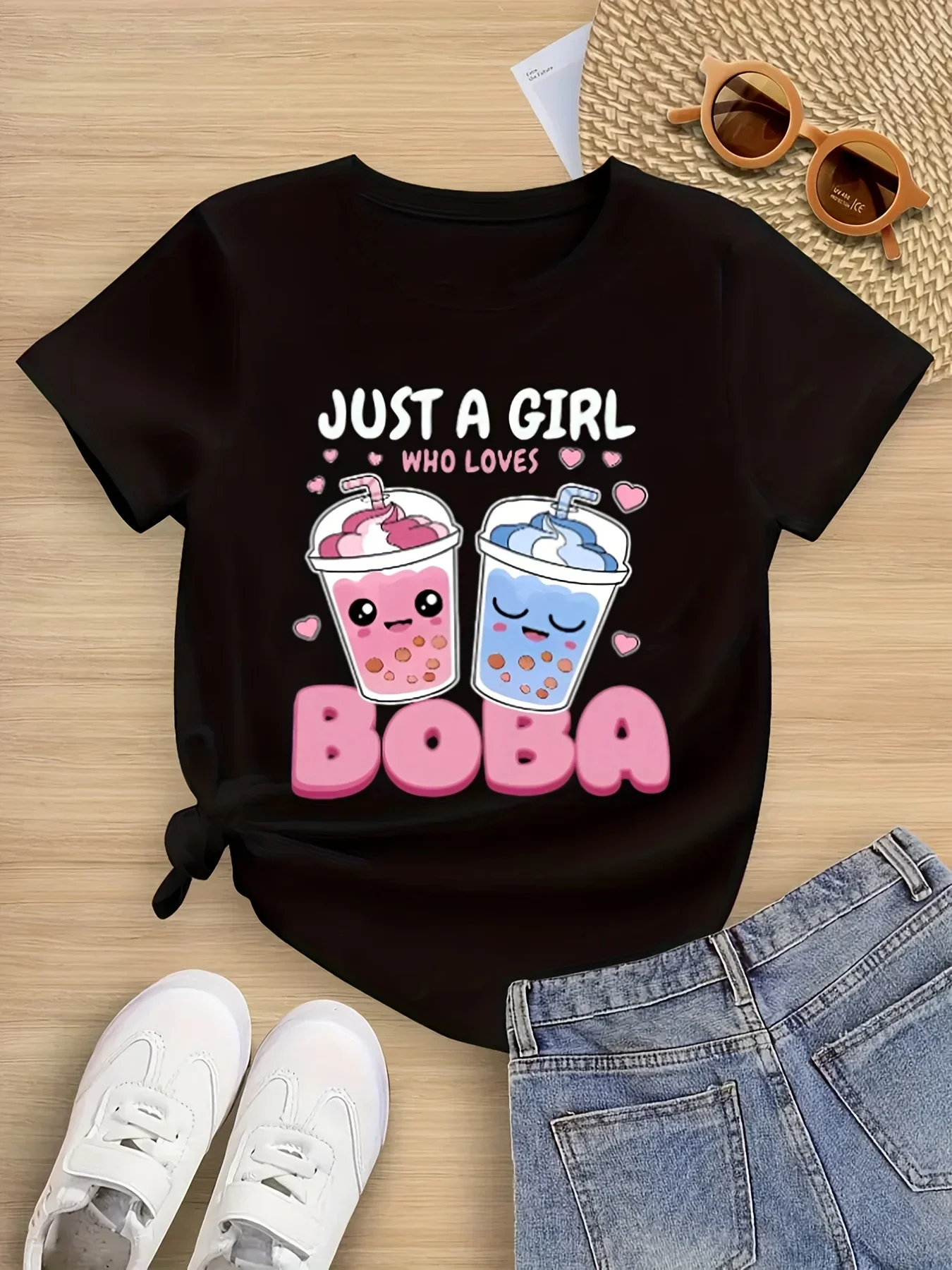 Just A Girl Who Loves Boba Printed Summer Children's Short Sleeved Shirt Round Neck Casual Daily Comfortable Summer Clothing