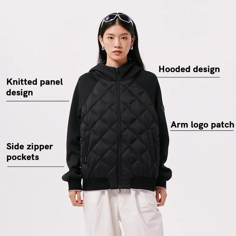 Chericom Jaqueta feminina leve com capuz, design de retalhos de inverno com bolsos internos e zíper frontal estilo versátil Y299012Y