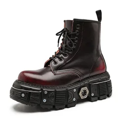 Fashion Metal Thick-Soled Men's Women's Ankle Boots Wine Red Goth Punk Genuine Leather Round Toe Motorcycle Boots Platform45