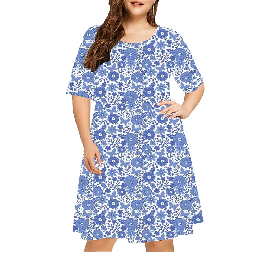 Sundress Loose Vintage Plant Flower Printed Dress Casual Ladies Short Sleeve New Butterfly Print Dress Plus Size Odzież damska