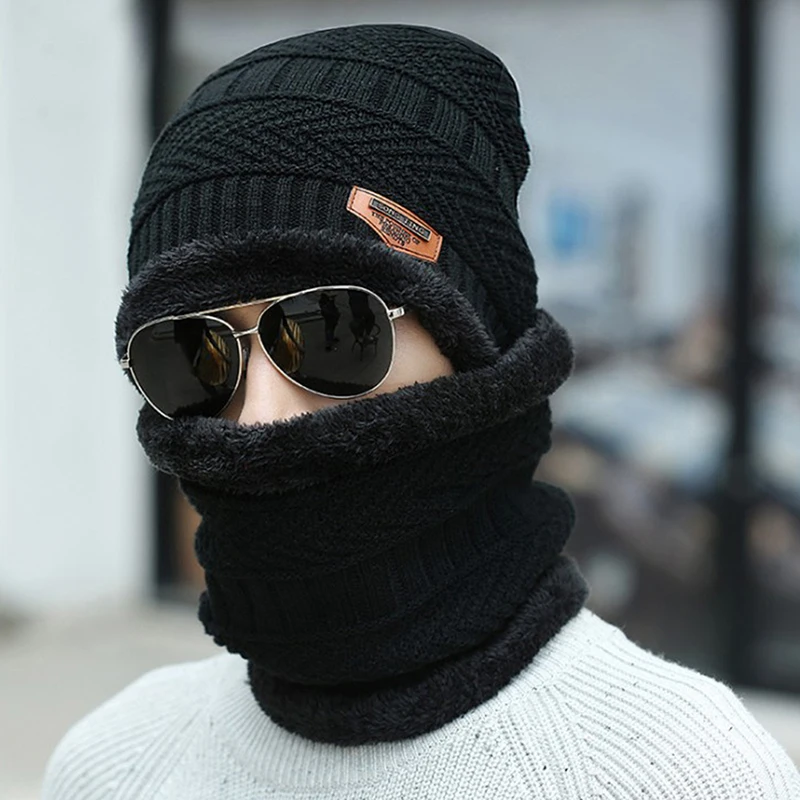 2022 Winter Beanie Hat for Men Knitted Hat Winter Cap Beanie Children Thick Wool Neck Scarf Cap Balaclava Mask Bonnet Hats Set