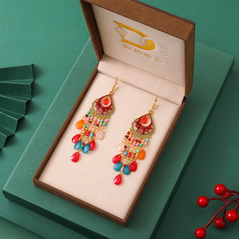 

Bohemian Ethnic Long Antique Gold Color Enamel Water Drop Earrings for Women Colorful Rice Bead Tassel Earring Pendientes Mujer