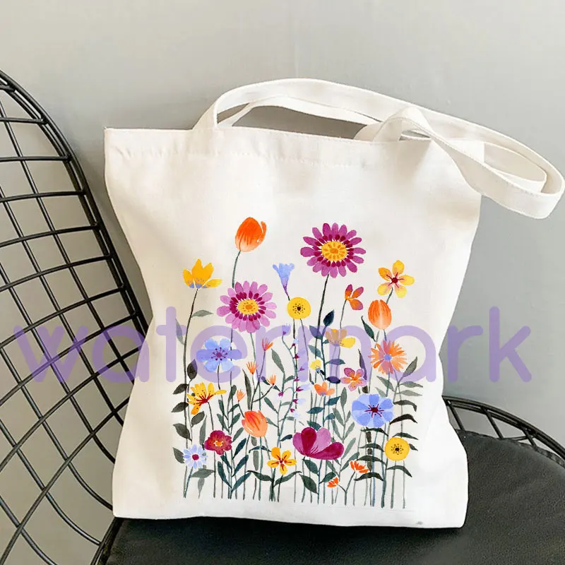 Eco-Friendly Reusable Cute School Bag Watercolor Print Flowers Daisy Totes Floral Tote Bag Shoulder Bags Lavender Rose Garden