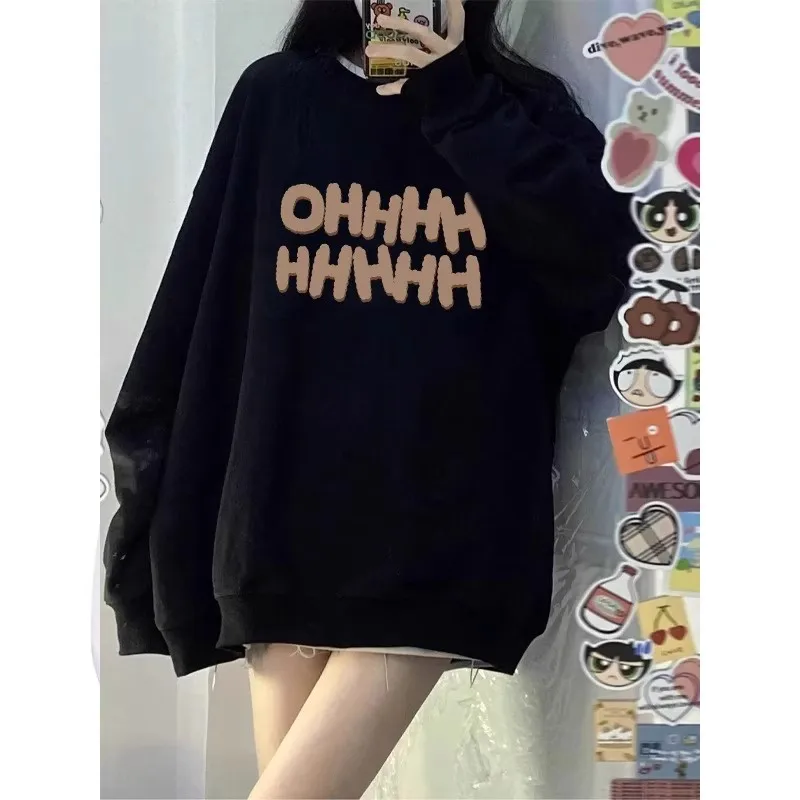 Burgundy Round Neck Sweatshirt for Women Spring & Fall Thin Long-Sleeved Loose Lazy Style 2024 Popular American Hooded Top