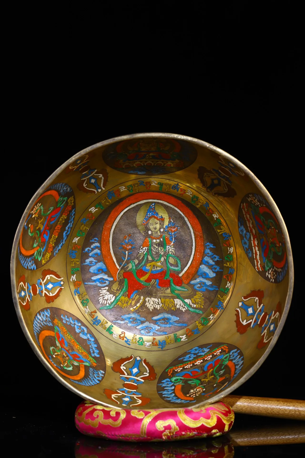 

12"Tibetan Temple Collection Old Bronze Gilt Painted Green Tara Buddha Buddhist Music Bowl prayer Bowl Worship Hall Town house