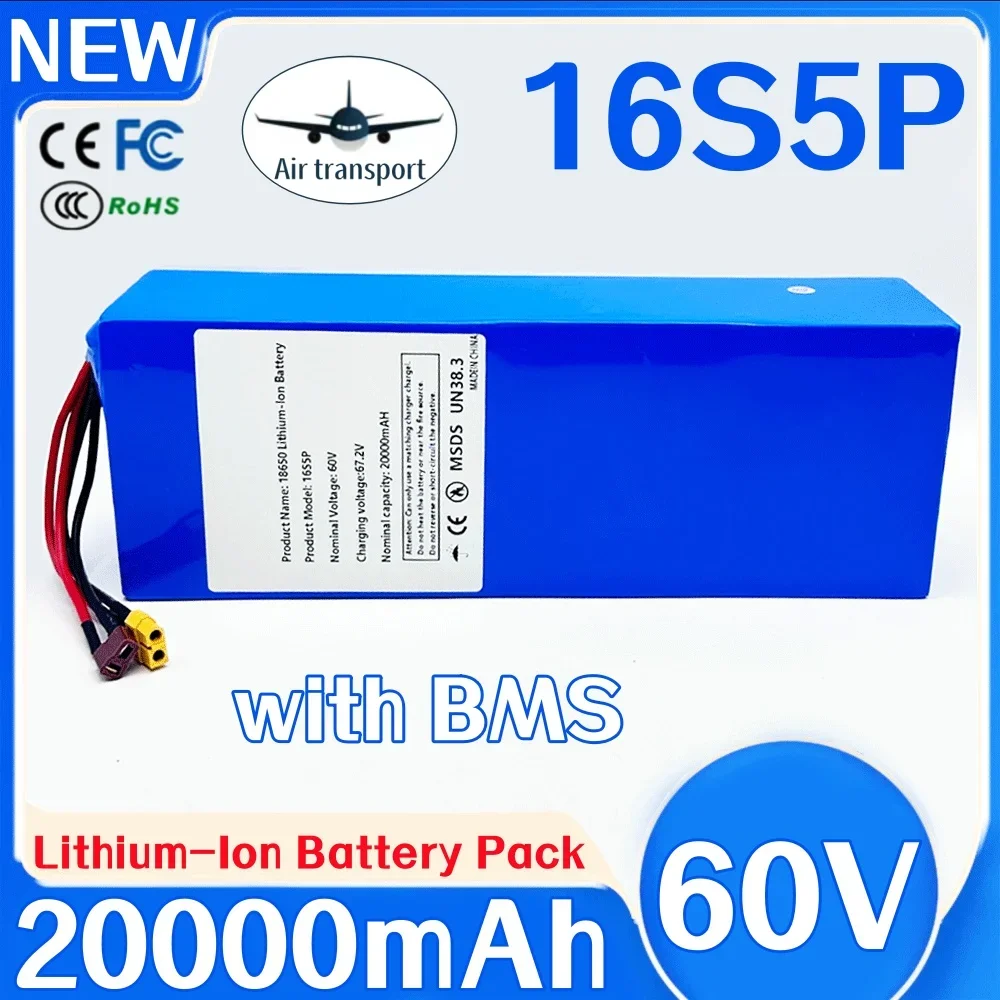 16s5p 18650 60v 20000mAH Lithium-ion Rechargeable Battery Pack with BMS for Motorcycle, scooter, Bicycle 2000W Motor