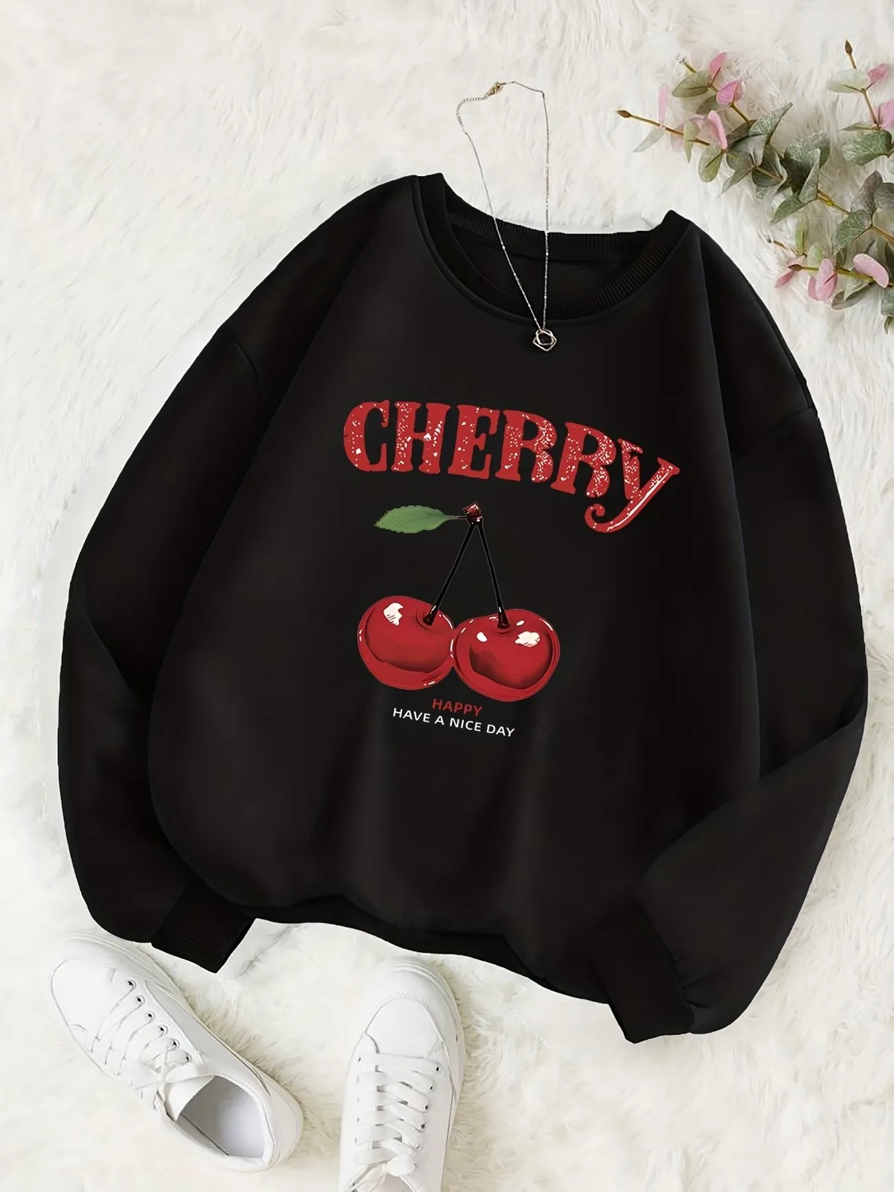 Graphic Cherry Gothic Womens Hoodies Fashion 90s Warm Fleece Sweatshirt Y2k O-Neck Pullover Casual Clothes Girls