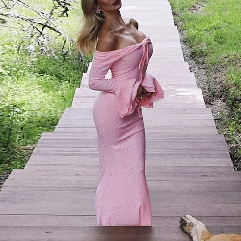BKLD Abiti lunghi sexy con spalline a maniche lunghe svasate Donna Autunno Rosa Slash Neck Off-spalla Aderente Vacanza Dolce Abiti da festa
