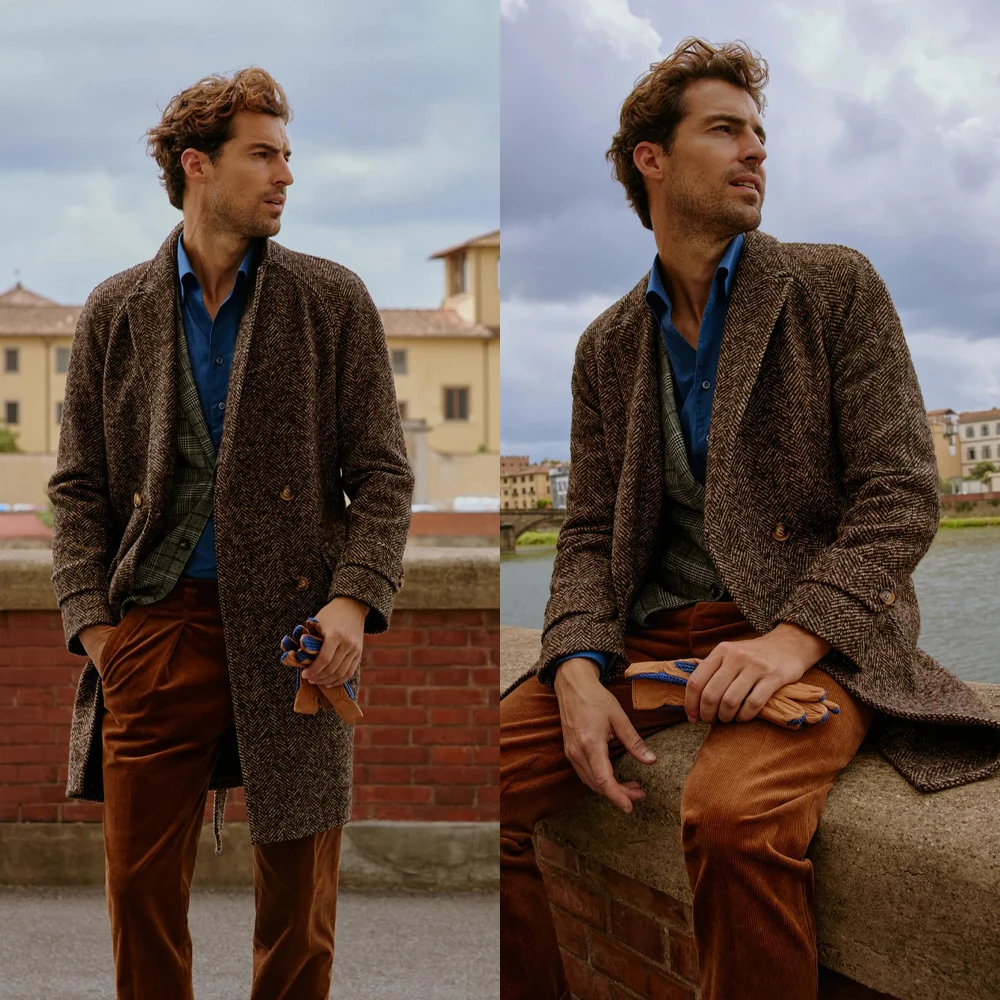 Vintage Men's Windproof Warm Coat Herringbone Single Breast Shawel Lapel Autumn Winter OverCoat Tailored Customized