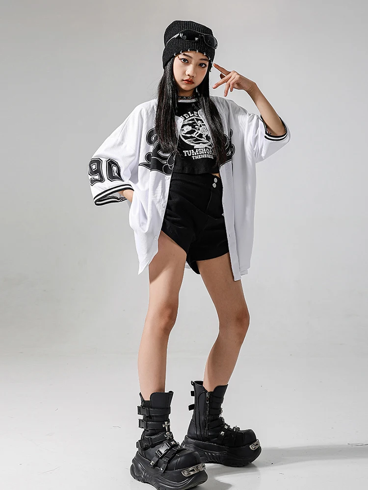 Traje de dança jazz kpop roupas cheerleading camisa de beisebol palco desempenho wear crianças legal hip hop roupas de rua vbh1629