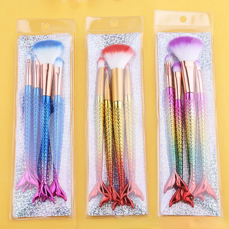 4pcs Gradient Mermaid Makeup Brushes Set Loose Powder Foundation Eye Shadow Brushes Soft Portable Beauty Make Up Tool Maquiagem