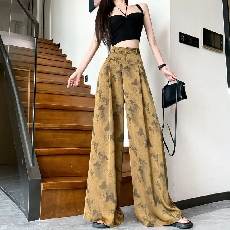Spring Summer Retro Jacquard Satin Wide Leg Pants High Waist Straight Trousers