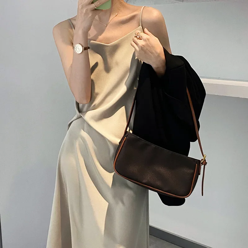 Designer Original Homemade Silk Sling Dress Side Bow Women Show Thin Waist Acetate Satin Summer Black Party Wedding Dress White