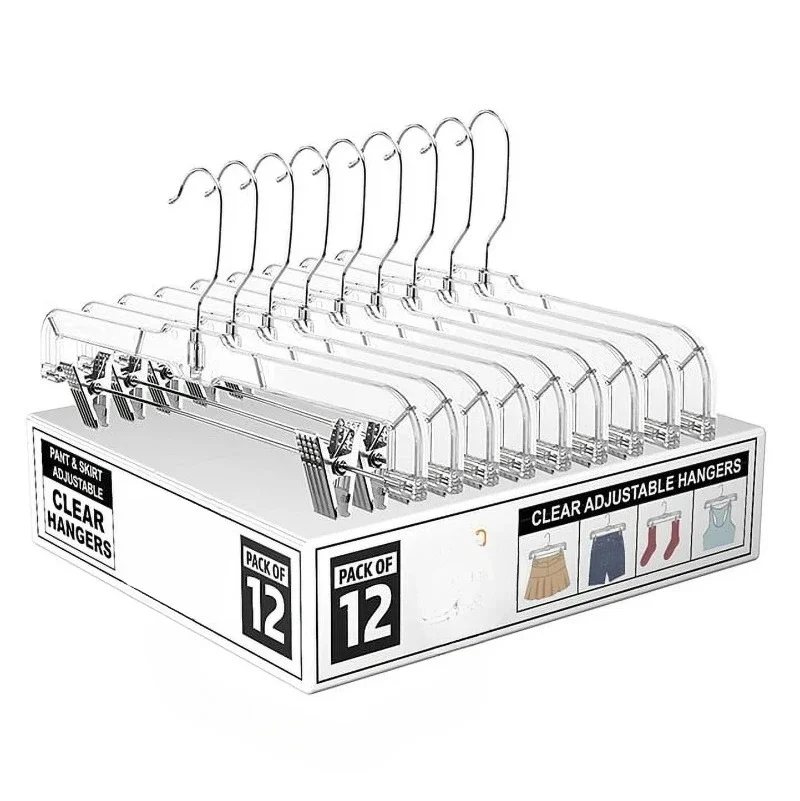 

12 Pack 14" Clear Skirt Hangers with Adjustable Clips, Non-Slip Pant Hangers,for Pants, Skirts, Shorts, Free shippment