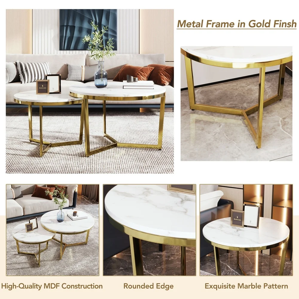 Oversized Round Coffee Table Set of 2 Nesting Marble Pattern White Wood Metal Gold Frame Suitable Living Room Accent Furniture