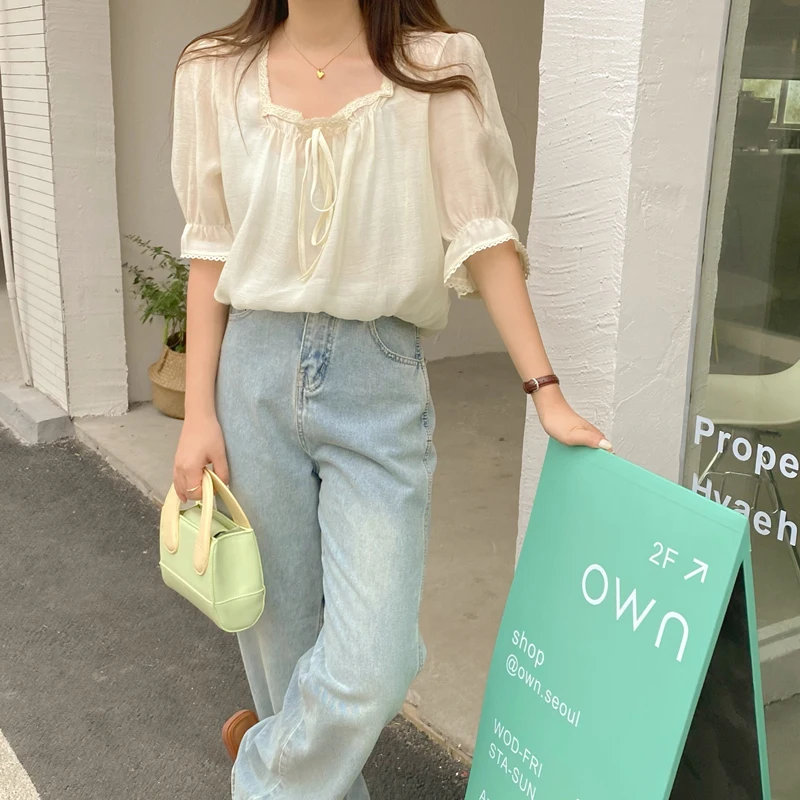 Sweet Fre Summer irt Colletto quadrato con cintura con finiture floreali da donna ort Sve Coreano Sle Loose Fit Casual Busin Wear
