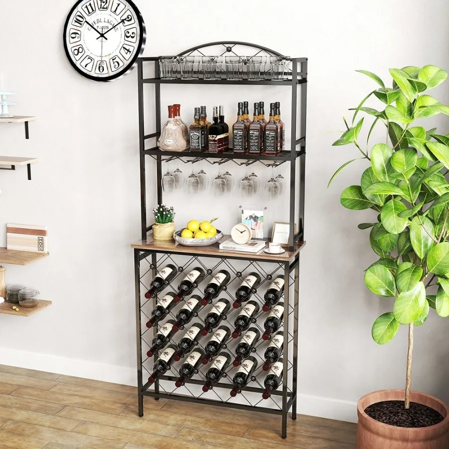 

Freestanding Floor Wine Rack Tall Wine Holder Stand with Wine Glass Holder Storage Shelves Wood Metal Stackable Bakers Rack Mod