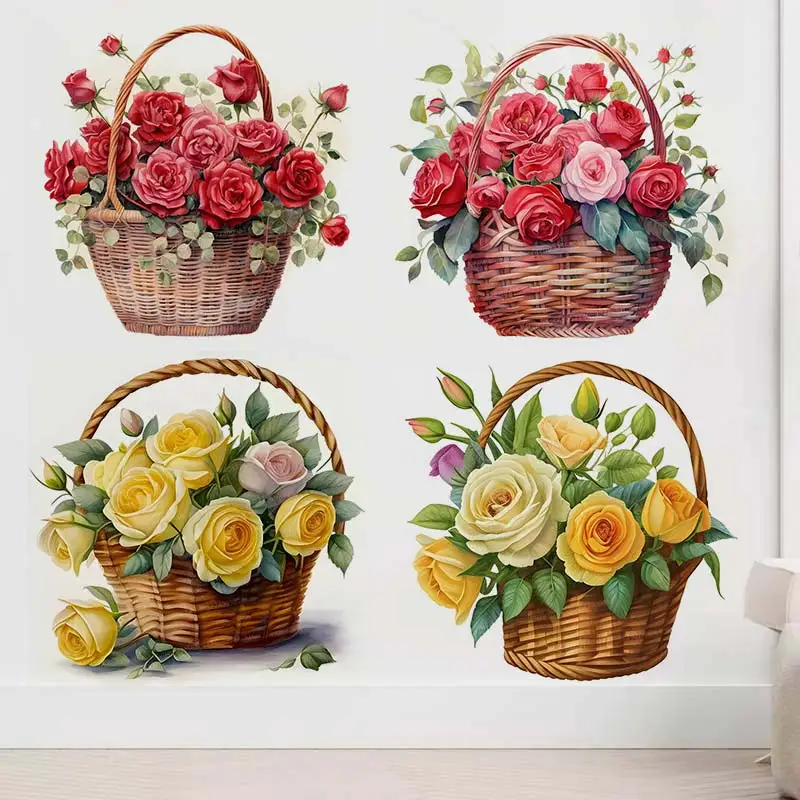 

Red Roses and Yellow Roses in a Basket Watercolor Wall Sticker Bathroom Toilet Decor Refrigerator Home Decoration Decals S275