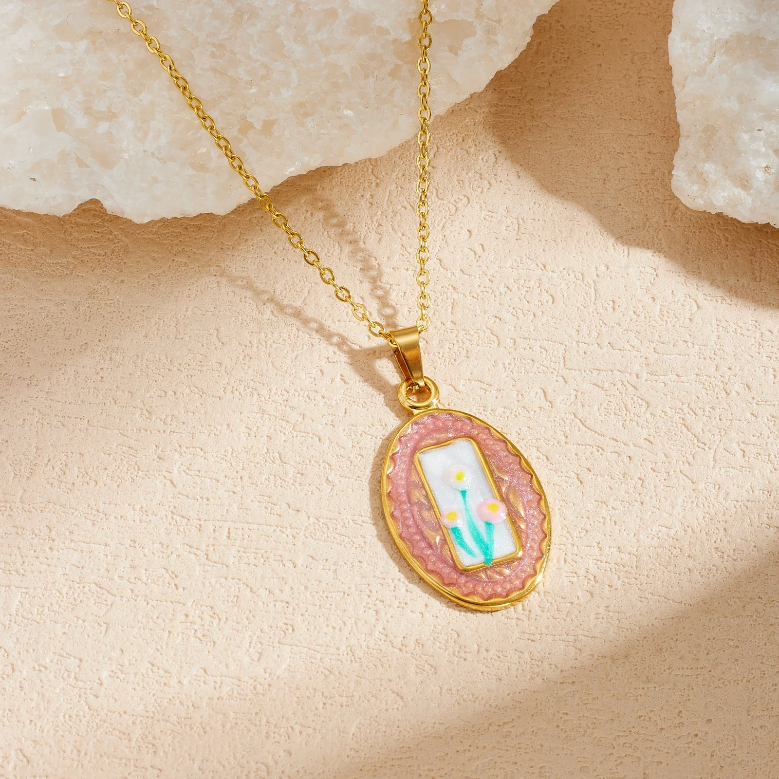 Edelstahl-Halskette mit mehrfarbigem ovalem Blumen-Emaille-Anhänger für Damen und Mädchen, modisches neues Schmuckzubehör, Geschenk für Partys