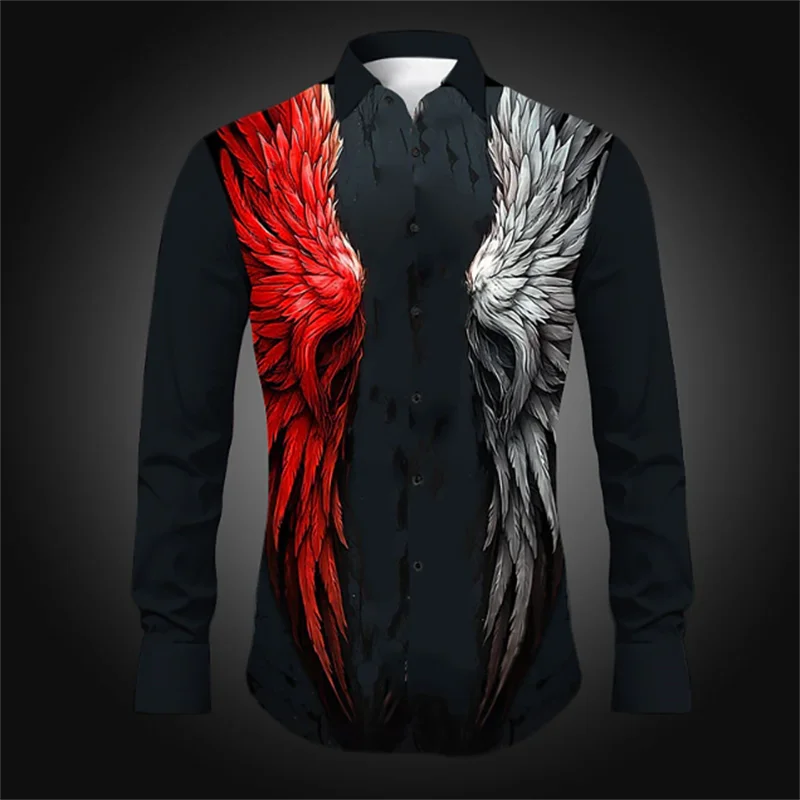 Fashionable Men\'s Abstract Wolf Tiger Daily Outing Spring and Summer Lapel Long Sleeve Four-Way Stretch Fabric Men\'s Tops Shirt