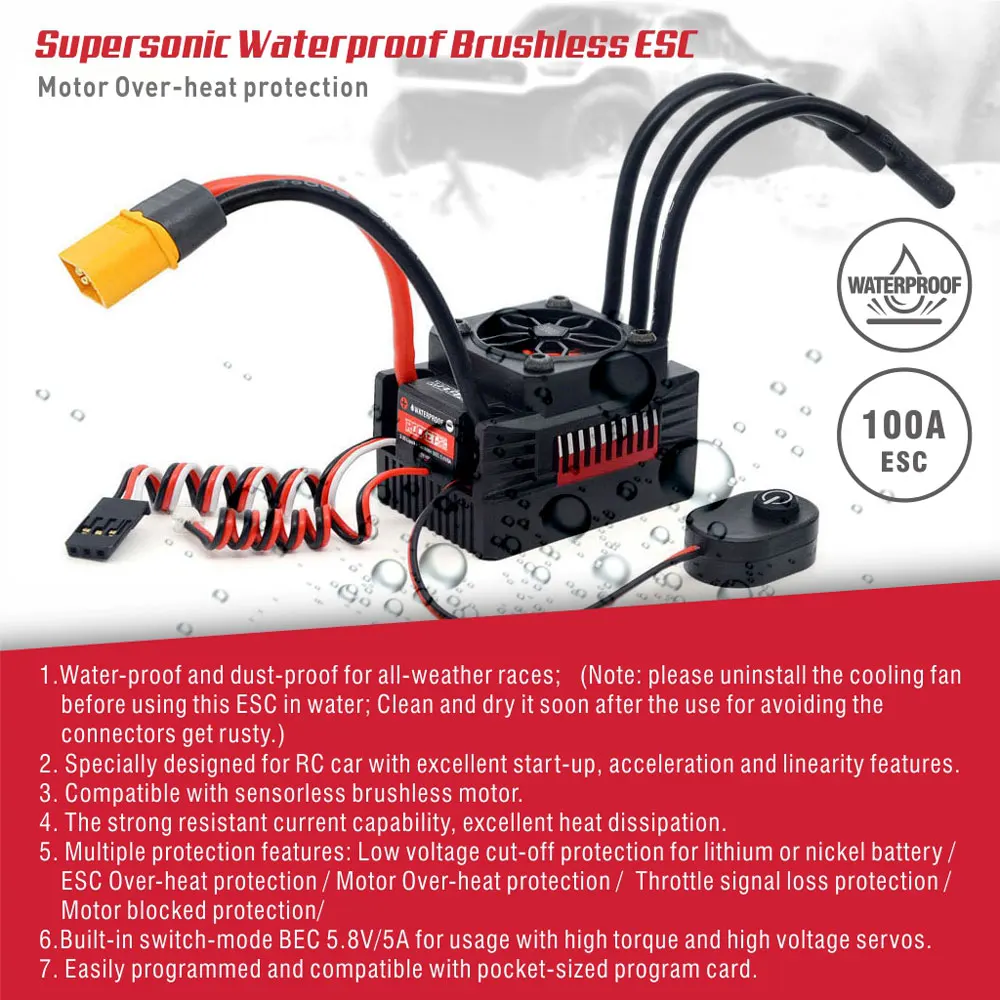 Rocket RC Supersonic V2 45A 60A 80A 100A 120A 150A ESC Waterproof Brushless Speed Controller for 1/8 1/10 1/7 RC Car Parts