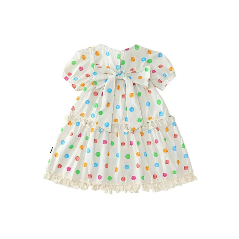 Girls Princess Polka Dot Dress 2025 Summer New Puff Sleeve Cotton Fringe Trim Patchwork Bow Fashion Outfit for Toddler Kids