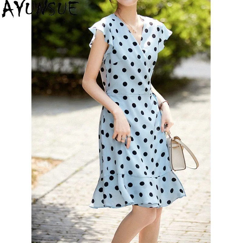 

AYUNSUE 100% Mulberry Silk Dresses for Women Elegant Polka Dot Woman Dress Summer Dresses 2026 Woman Clothes High Quality 원피스