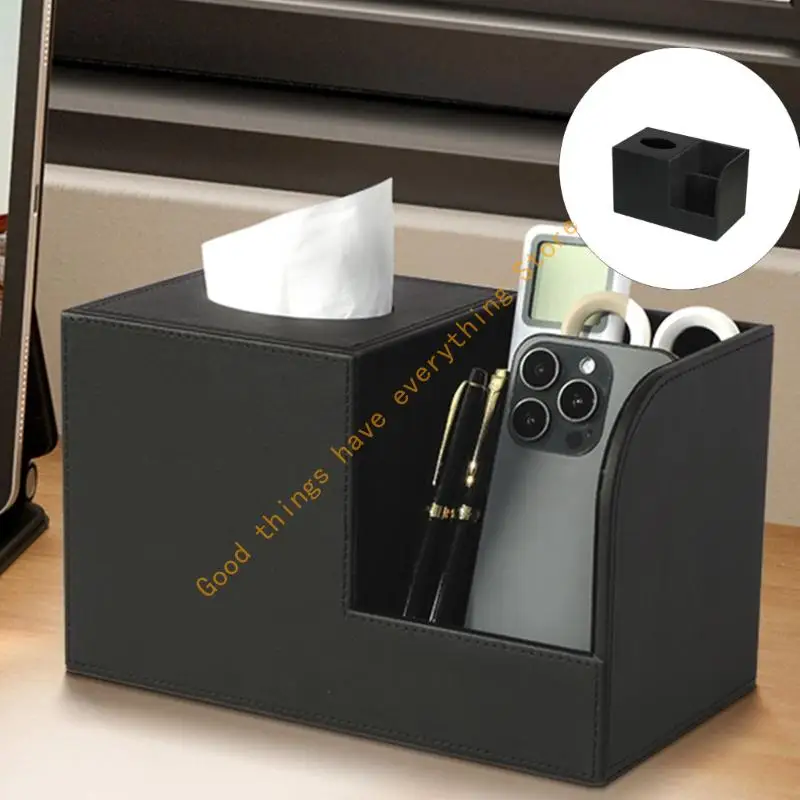 Premium Leather Tissue Box Cover For Kitchen Counter Desk Decorative Storage with Remote Control Holder 55KF