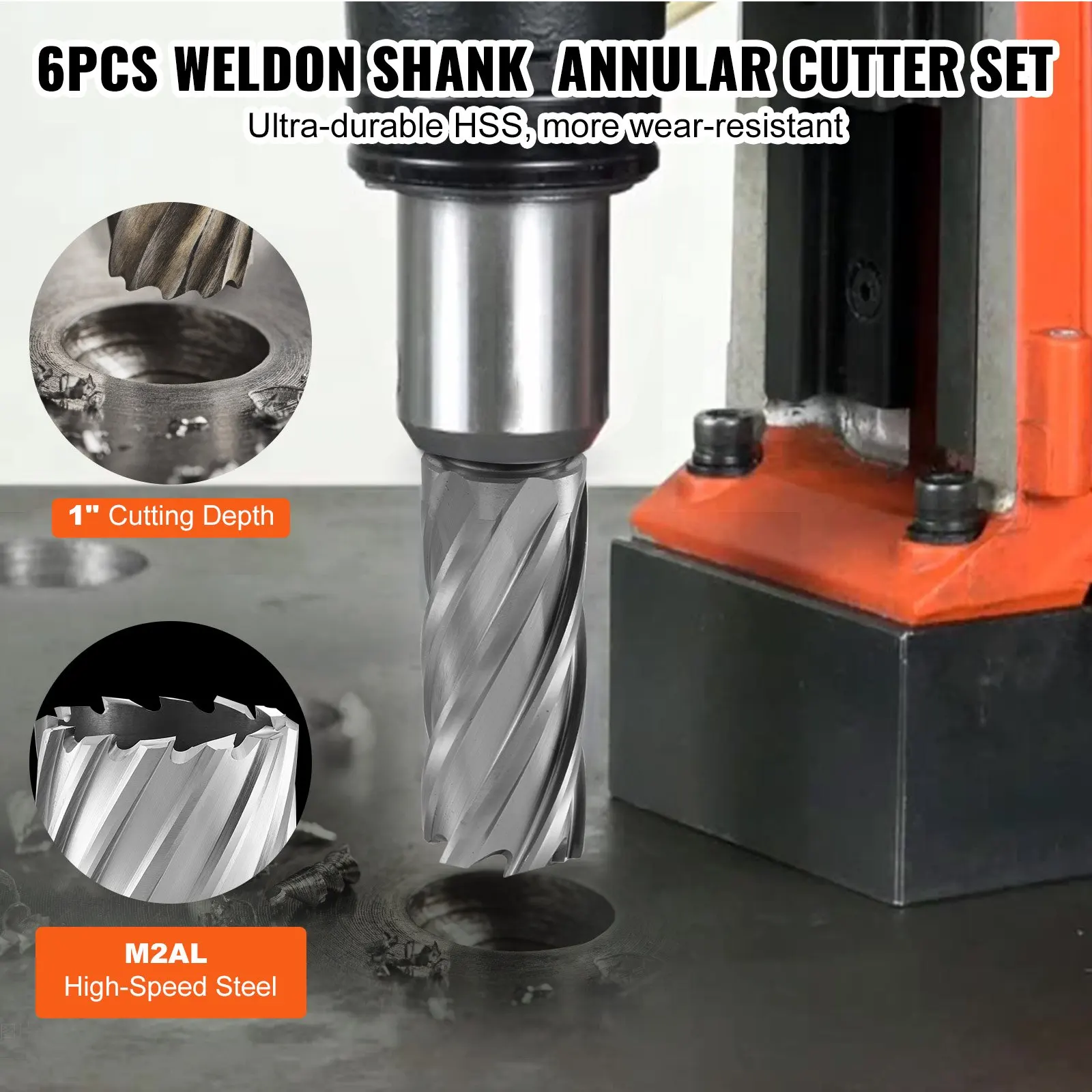 

Annular Cutter Set, 6 Pcs Weldon Shank Mag Drill Bits, 1 2 To 1-1 16 Cutting Diameter, 1 Cutting Depth, M2AL High-Speed Steel,