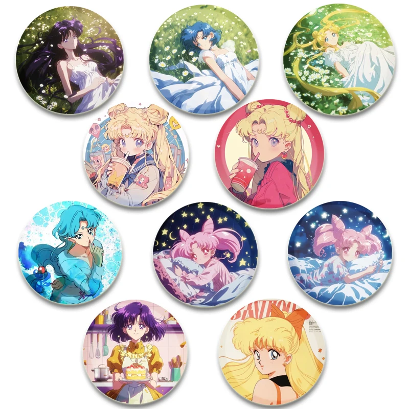 Anime Sailor Moon Brooches Cute Cartoon Figure Tsukino Usagi Chibiusa Ami Rei Makoto Round Badge Handmade Lapel Pin Accessories