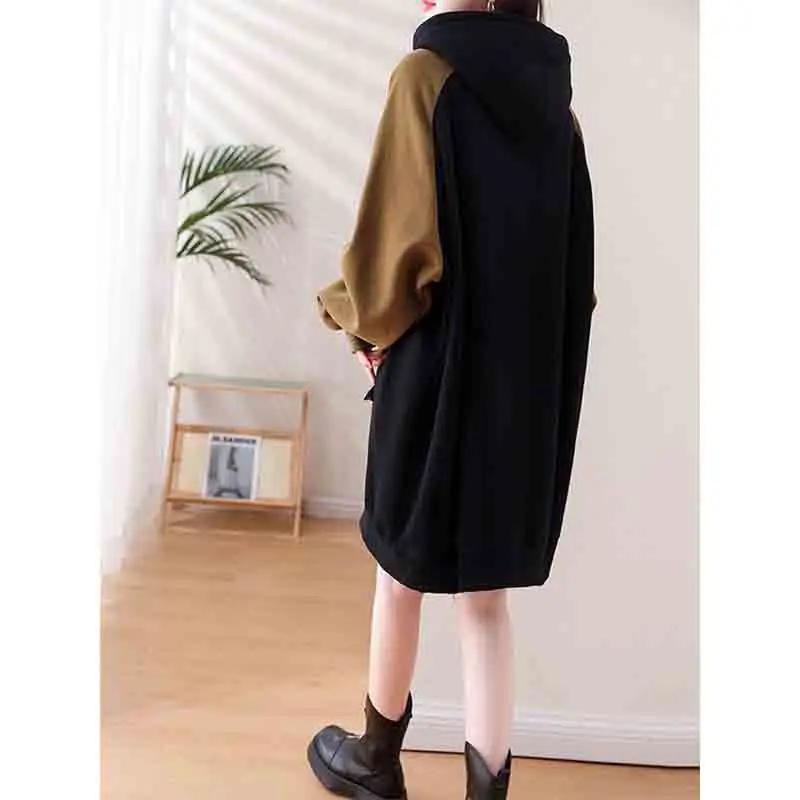 Winter Women Clothing Oversized Cartoon Fleece Dress New Hooded Drawstring Thicken Warm Female Casual Midi Long Sleeve Dresses