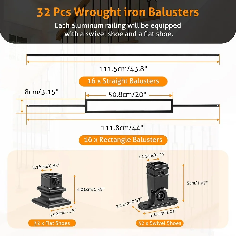 32 pacotes de balaústres de escada de ferro forjado, 1/2 unidades internas ocas, trilhos de metal, escada interna e externa e deck
