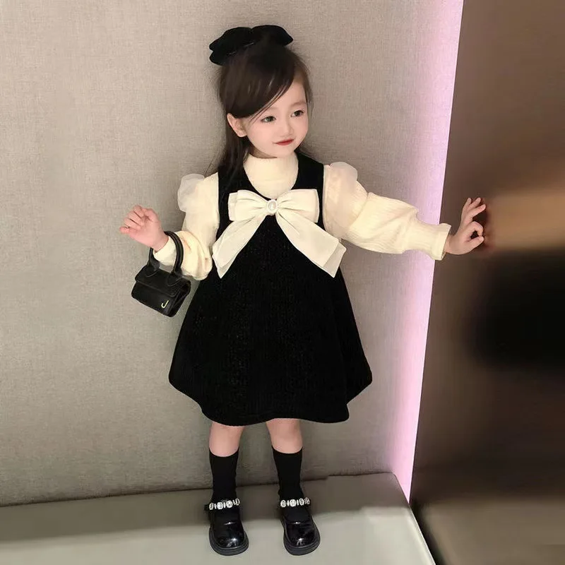 Girl Long-sleeve Soft Tulle Princess Dress Kids Puff Skirt Two-piece Inner Set Children Breathable Comfortable Baby Dress Casual