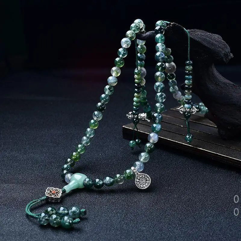 Natural Water Grass Agate 108 Beads Rosary Handheld Men's and Women's Bracelet HandString Necklace Jewelry Ceremony Green Mother