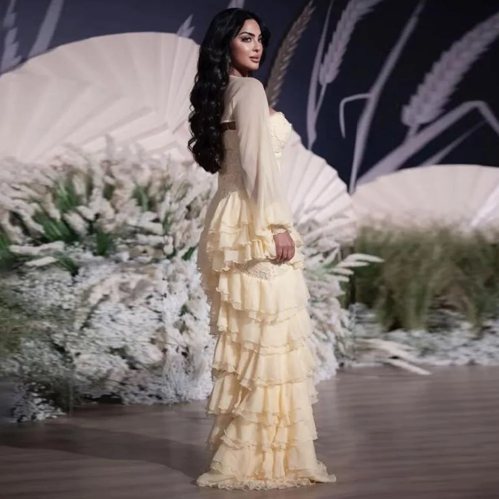 Robes de soirée sirène à volants personnalisées avec veste, bretelles Spaghetti, haut en dentelle, robe formelle à plusieurs niveaux en mousseline de soie