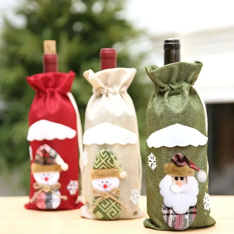 Christmas Linen Santa Claus Snowman Wine Bottle Cover Merry Christmas Table Decorations For Home Xmas Ornaments Navidad Supplies