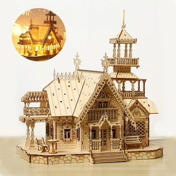 Kit de modèle en bois 3D pour Villa, bricolage, avec château léger, puzzle, jouet d'assemblage, Kits de modèles pour enfants et adultes, décoration de bureau, cadeau