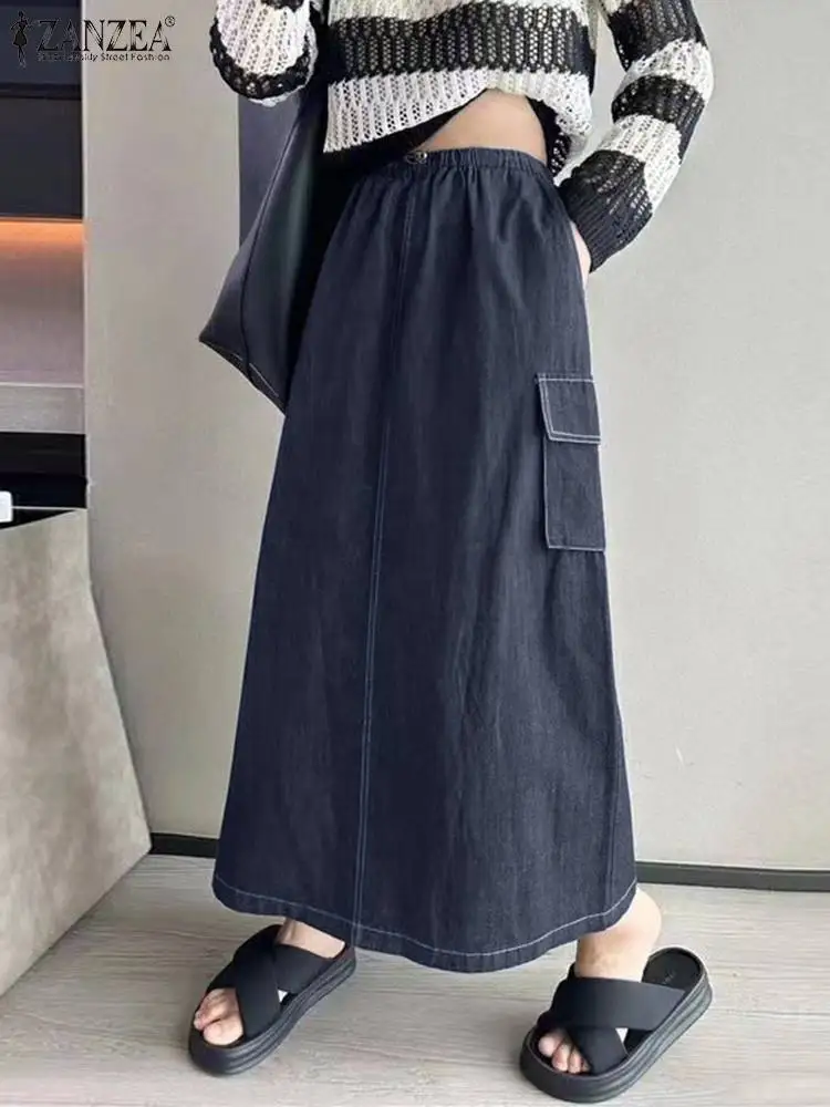 

ZANZEA Fashion Women Elastic Waist Solid Long Cargo Skirts Y2K Stylish Denim Style Skirt Casual Split Hem Faldas Saia Loose Jupe