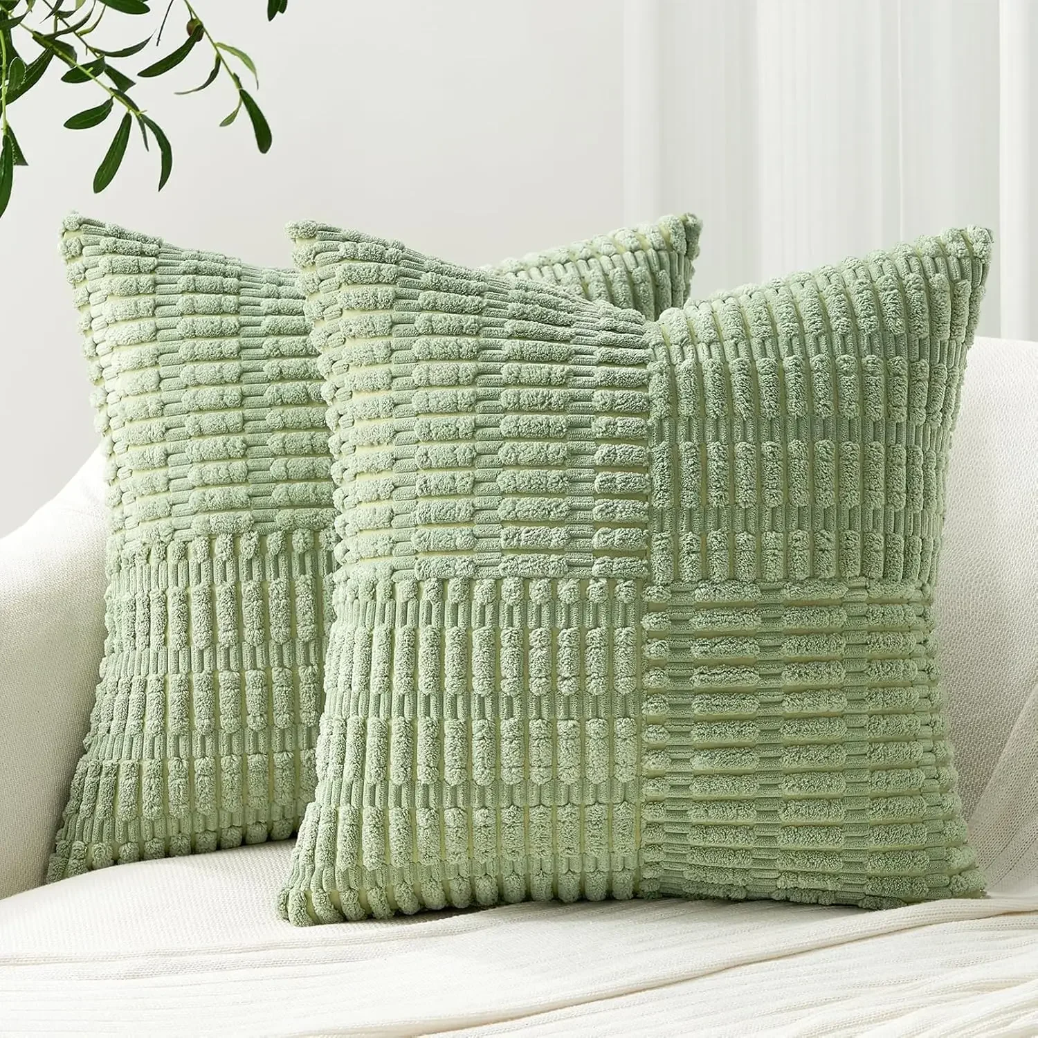 Sage Green Throw Pillow Covers 18x18 Inch Soft Corduroy Pillow Cover Boho Textured Striped Patchwork Cushion Case for Couch Sofa