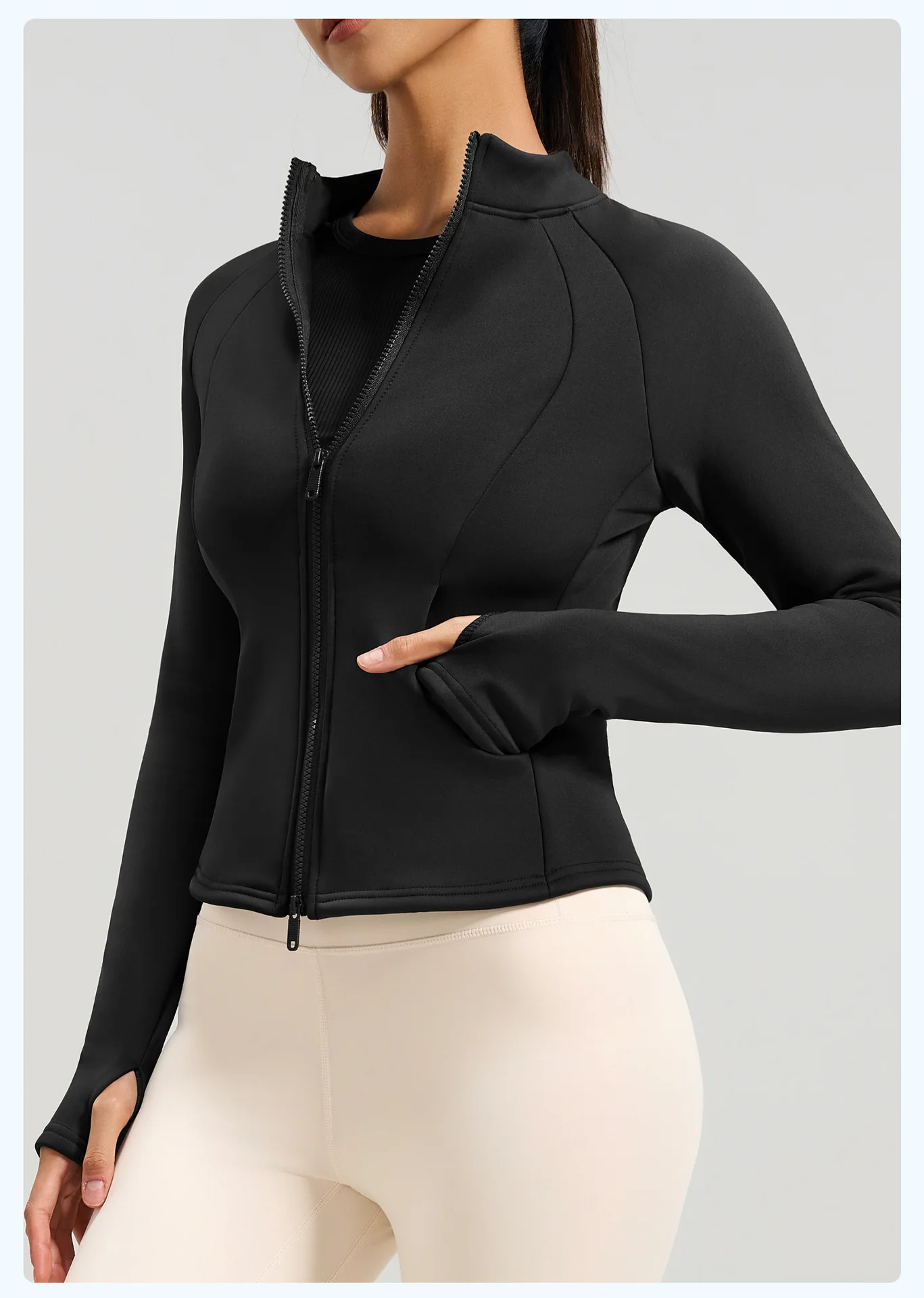 Women Fleece Lined Zip Up Yoga Jacket Stand Collar With Pockets Thumb Hole Slim Fit Warm Gym Athletic Outer Top