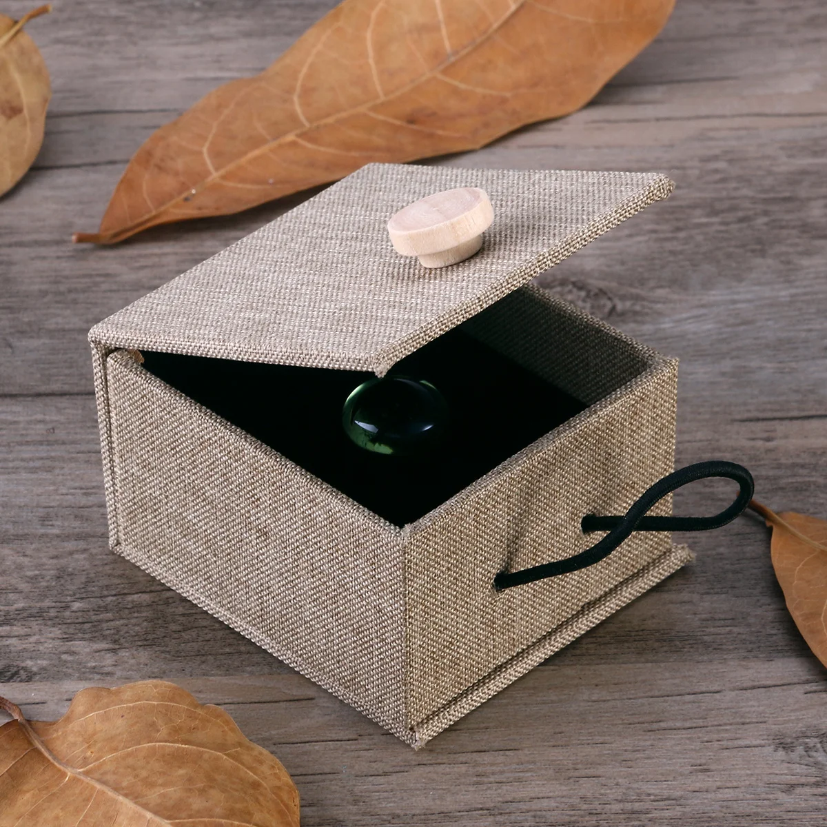 

Beige Wooden Jewelry Box Rustic Linen Surface Durable Ring Gift Box Wedding Engagement Ring Bearer Holder Case