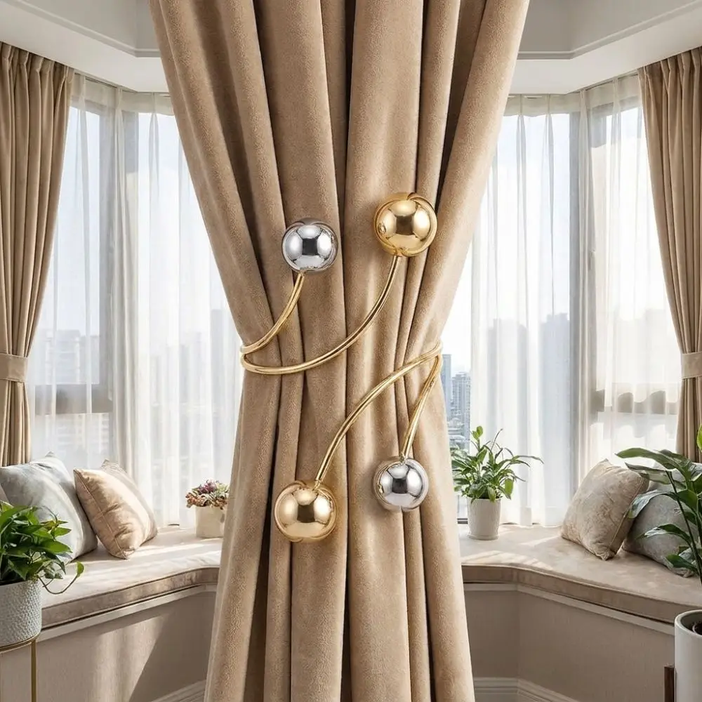 2PCS Alloy Round Bead Curtain Buckle Belt Decorative Pearl Alloy Curtain Holdback Adjustable Curtain Clips Home Decoration