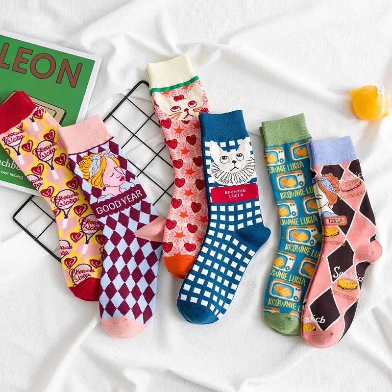 1 Pair Korea Ins Trendy Harajuku Women Cotton Lovely Cats Artistic Happy Socks Female Gilrs Creative Skateboard  Dress Sox