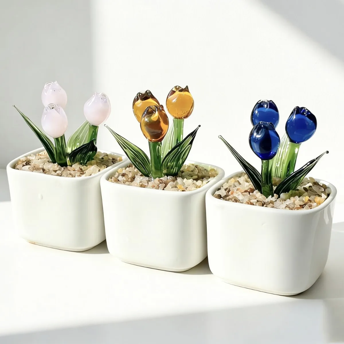 

Glazed Glass Tulip Simulation Potted Plant, Artificial Flower Bouquet Desktop Decor, Mother's Day Gift Home Ornament
