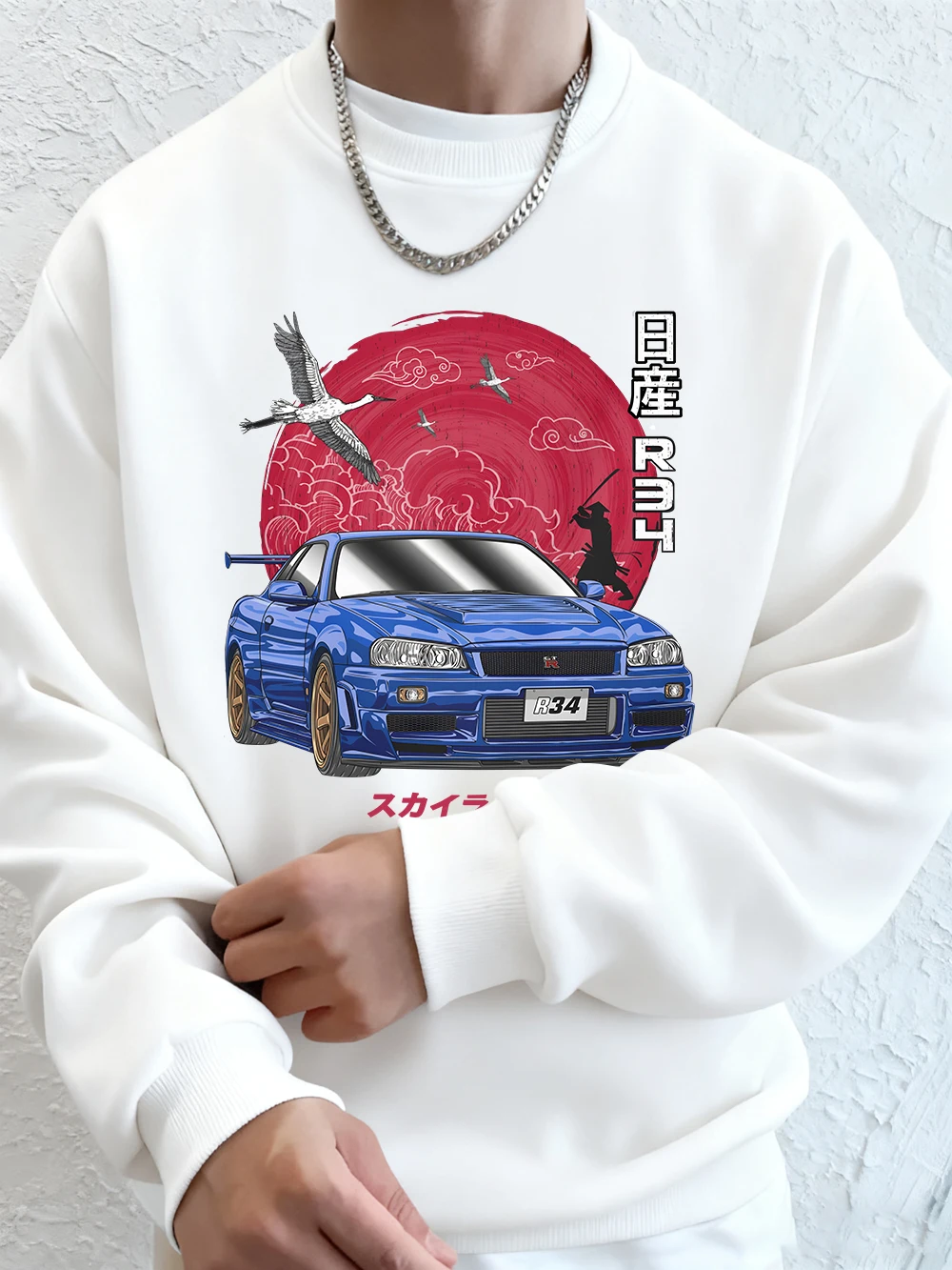 Nippon Jdm Skyline Gtr R34 Prints Mens Hoodies Autumn Crewneck Sweatshirt Basics Fleece Warm Loose Pullover Korean Men'S Clothes